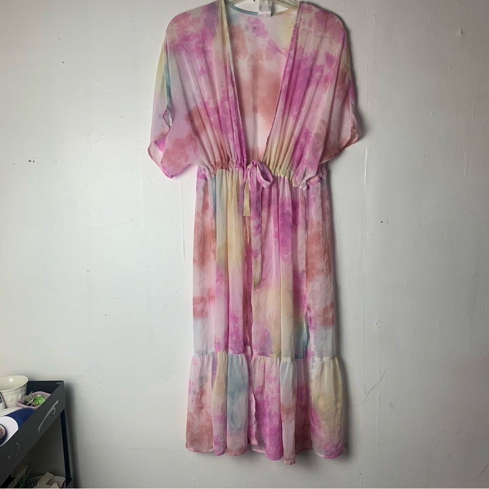 No Boundaries Tie Dye Pastel Kimono Waist Tie Angel Sleeve Light Bohemian Shall